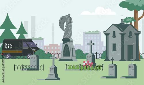 Cemetery landscape flat style, vector illustration