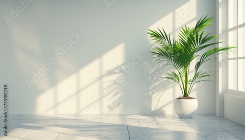 3d render, green plant in a pot on a white background. Empty white wall and copy space.