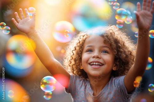 Happy child playing with colored soap bubbles. Joyful moments of carefree fun and entertainment, embracing playful exploration and boundless excitement