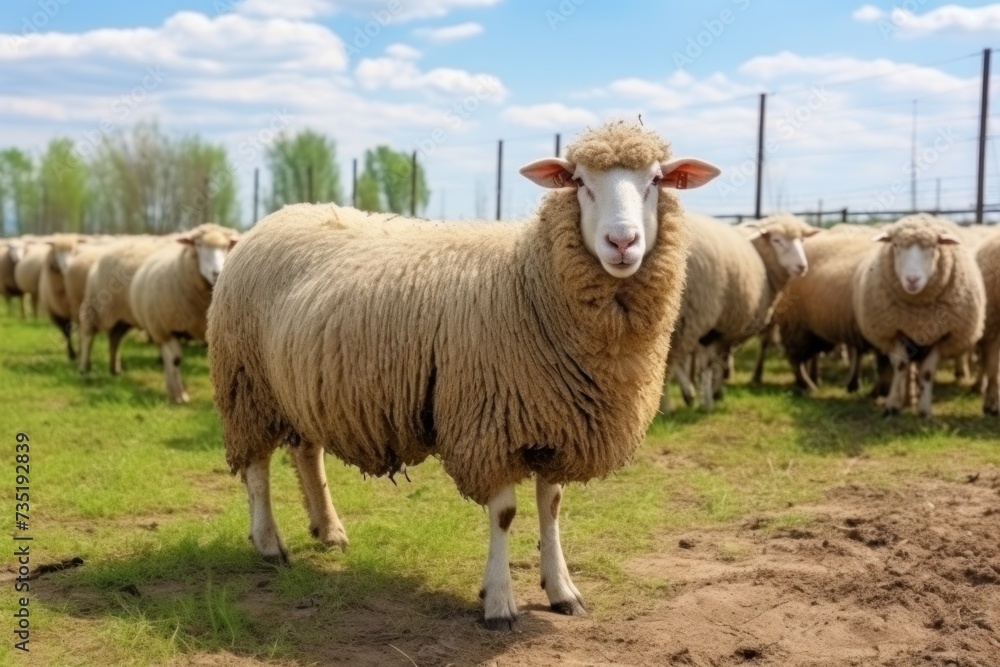 Cute curly haired sheep herd stands in large farm yard on sunny day. Small cattle animals graze near old barn at agricultural ranch. Stock husbandry habitats group walk outdoors in spring Cute curly haired sheep herd stands in large farm yard on sunny day. Small cattle animals graze near old barn at agricultural ranch. Stock husbandry habitats group walk outdoors in spring