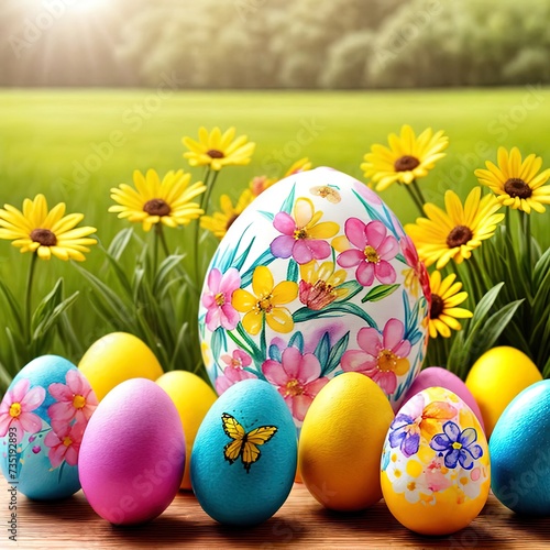 Beautiful postcard with easter decoration and painted colorful easter eggs in beautiful nature landscape in spring. Easter eggs on the fresh green meadow.