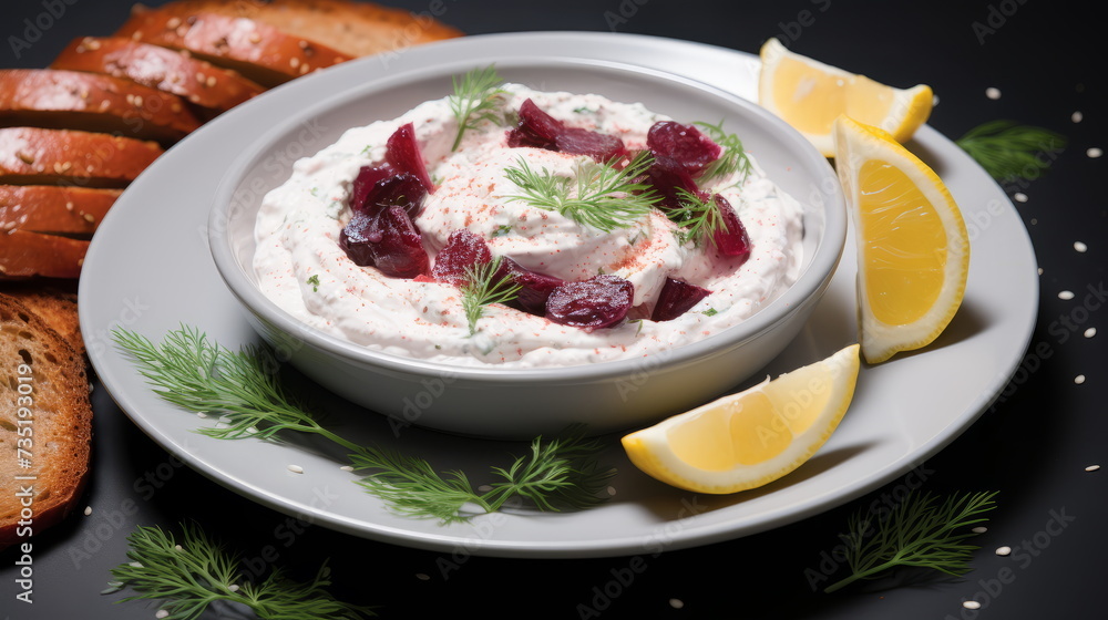 Creamy Beet Dip with Dill and Fresh Bread - A delicious vegetarian appetizer served with lemon wedges.