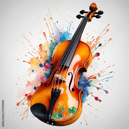colorful violin splashed with flora illustration isolated on white background
