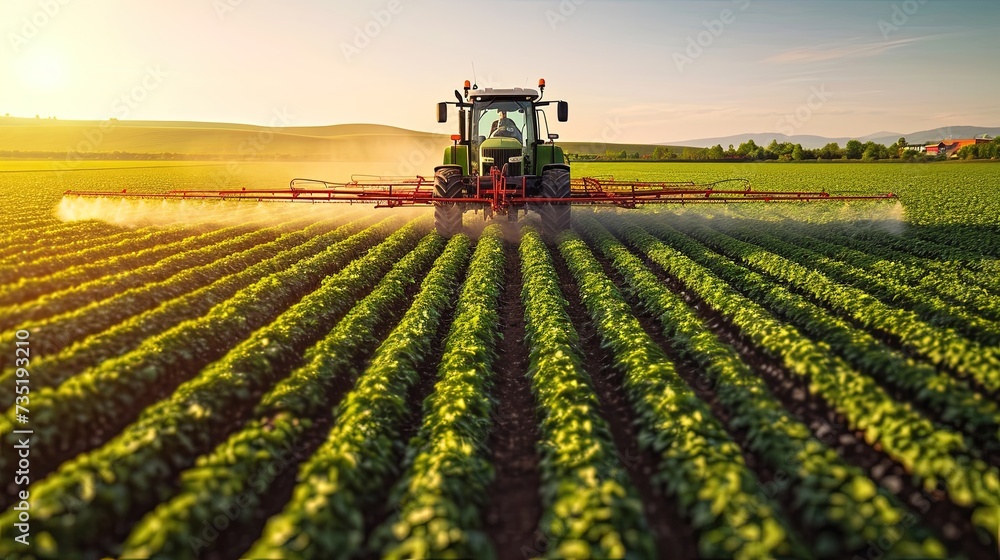 Tractor during spraying chemicals field. With each pass, the tractor enhances the growth of the field with a fine mist of nourishing chemicals. Tractor during spraying chemicals field. With each pass, the tractor enhances the growth of the field with a fine mist of nourishing chemicals.