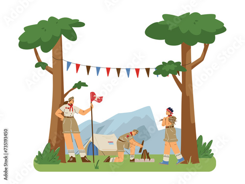 Scout children camp in the forest near the mountains, make a campfire near the tent, vector summer activities expedition