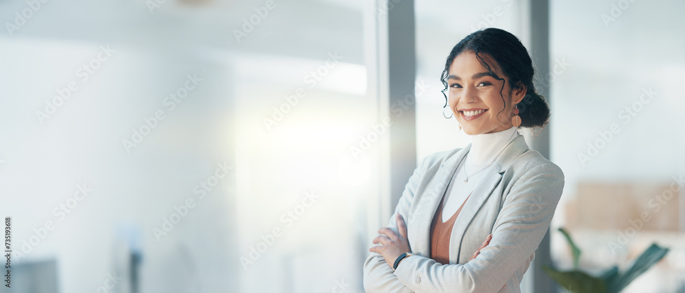 Happy, face and woman with arms crossed in office with business pride and corporate work. Smile, company and portrait of a female employee with confidence and professional empowerment at an agency - obrazy, fototapety, plakaty 