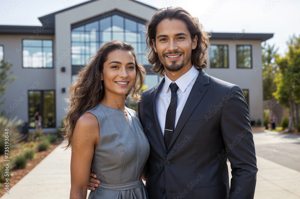 Happy couple stands smiling in front of a modern house. Embracing togetherness and homeownership, fulfilling dreams of love and investment in contemporary living spaces Happy couple stands smiling in front of a modern house. Embracing togetherness and homeownership, fulfilling dreams of love and investment in contemporary living spaces