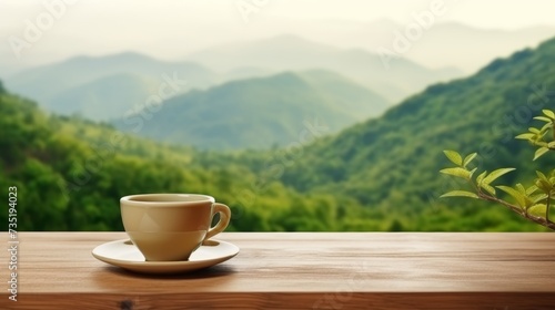 A cup of green tea is on the wooden table to the left