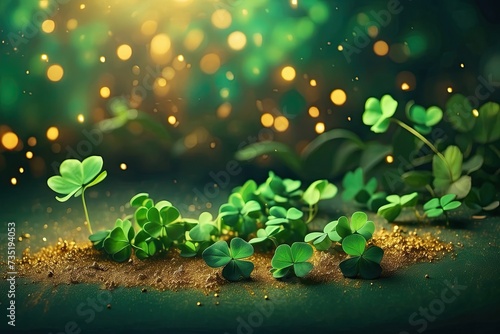 Background of green clover and gold dust for St. Patrick's Day. Patrick Day Banner