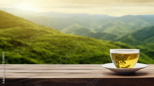 A cup of green tea is on the wooden table to the left