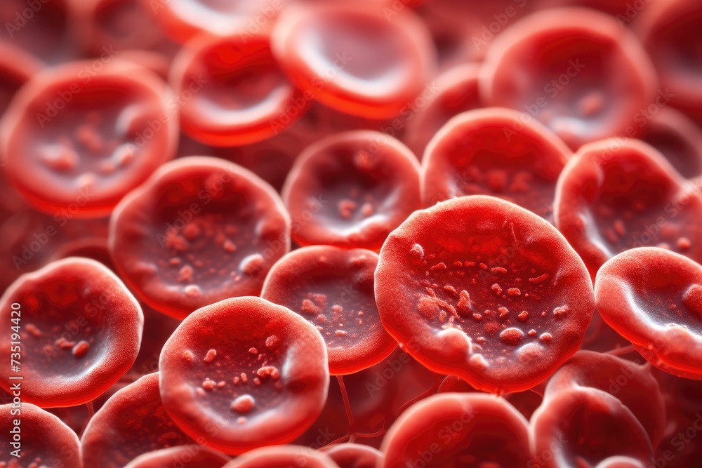 Red blood cells close-up. Abstract background. 3D illustration of human red blood cell flowing in blood vessels, Macro photography. AI generated Red blood cells close-up. Abstract background. 3D illustration of human red blood cell flowing in blood vessels, Macro photography. AI generated