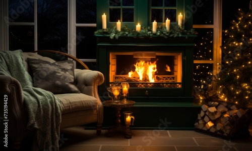 A Luxurious Scene. Winter Lights Next to Burning Fire, Dark Beige and Green Tones, Spot Metering photo