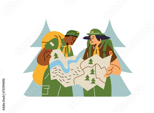 Scout children exploring map in forest, scouts wearing uniform carrying backpack camping gear, vector cartoon expedition