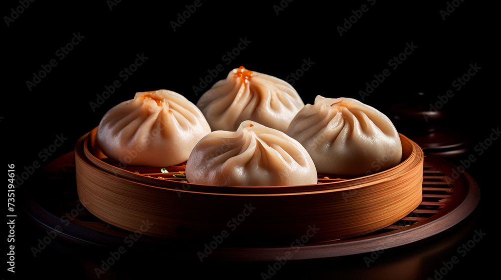 a wooden bowl filled with dumplings and sauce
