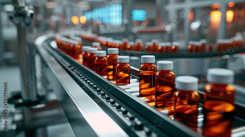 Wallpaper Mural Glass brown bottles on conveyor belt. Production line of aroma oil, cosmetics, dietary supplements, injections. Medicine manufacturing Torontodigital.ca