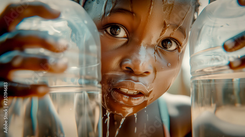 African child with empty bottles, sad look, lack of water, poverty. © tiero