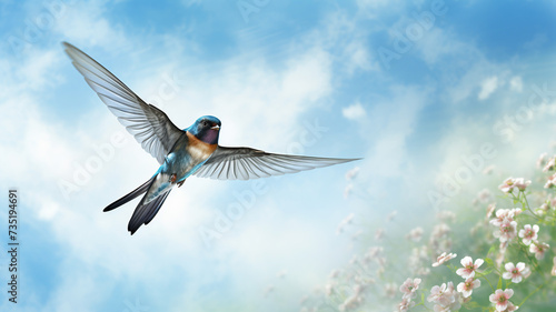 Swallow bird flying over meadow with flowers on blue sky background. Spring is coming © grethental