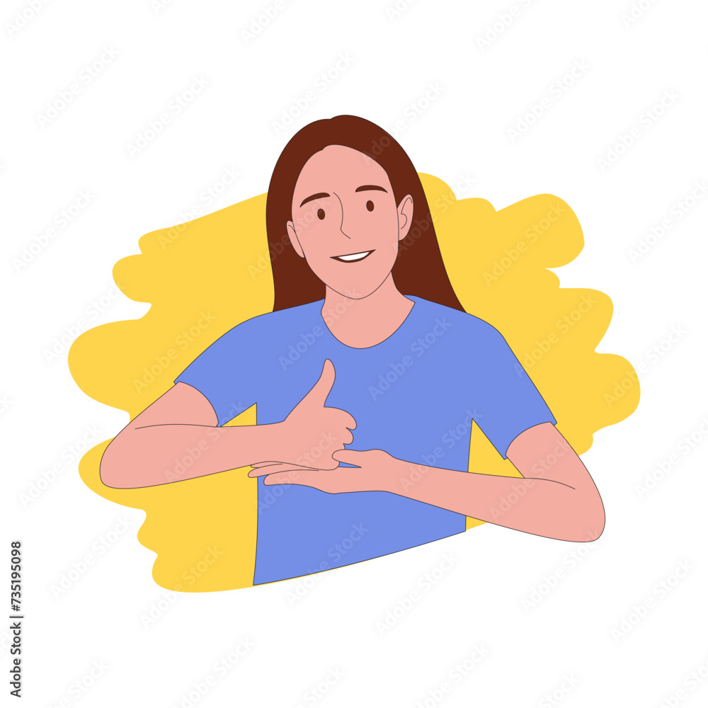 Woman smiling using sign language. Vector image