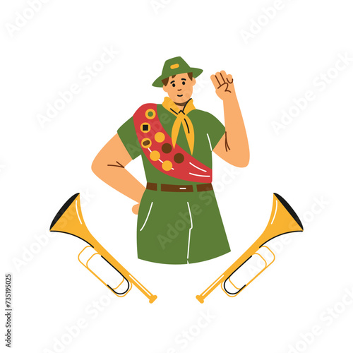 Boy wear scout uniform, red ribbon with badges and trumpet fifes, vector cartoon camp scouts fifer, outdoor activities photo