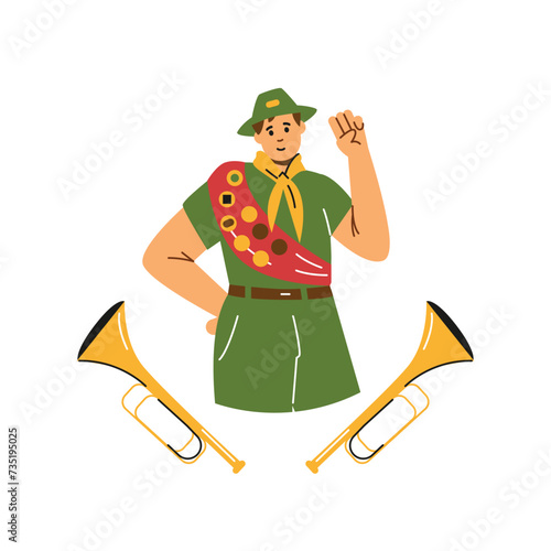 Boy wear scout uniform, red ribbon with badges and trumpet fifes, vector cartoon camp scouts fifer, outdoor activities