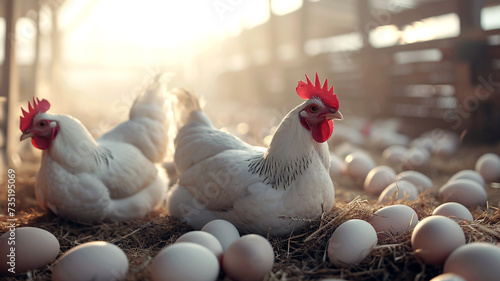 Chickens sit in nests and lay eggs at a poultry farm. White hens in the nests. Chicken factory