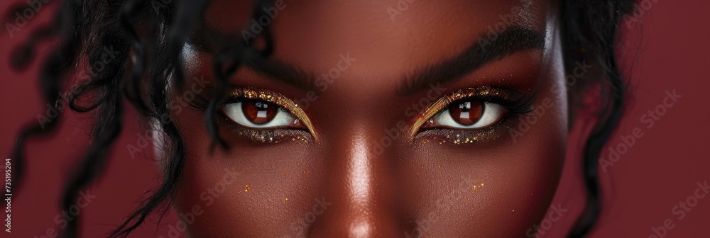Close-up of woman's shimmery eye makeup and curly hair Close-up of woman's shimmery eye makeup and curly hair