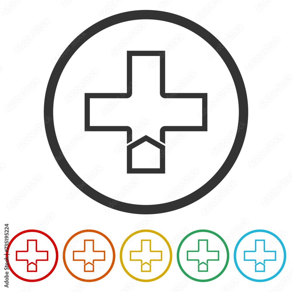 Cross logo for healthy care. Set icons in color circle buttons Cross logo for healthy care. Set icons in color circle buttons