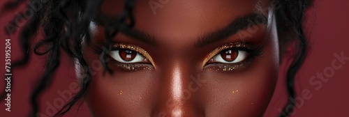 Close-up of woman's shimmery eye makeup and curly hair © Ivy