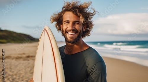 A cheerful man with curly hair stands by the ocean, holding a surfboard with a smile on his face.