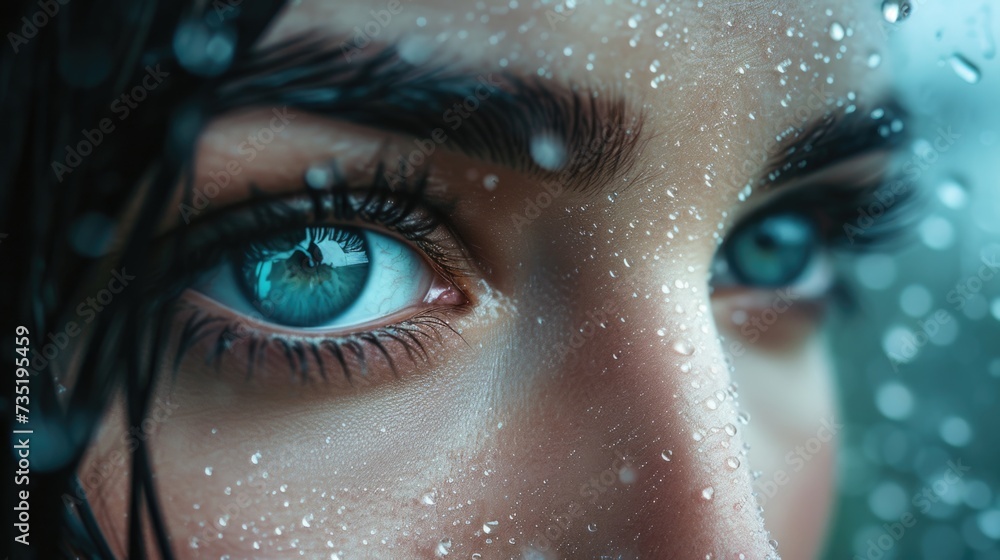 Woman's Eyes with Dark Intense Lashes and Raindrops
