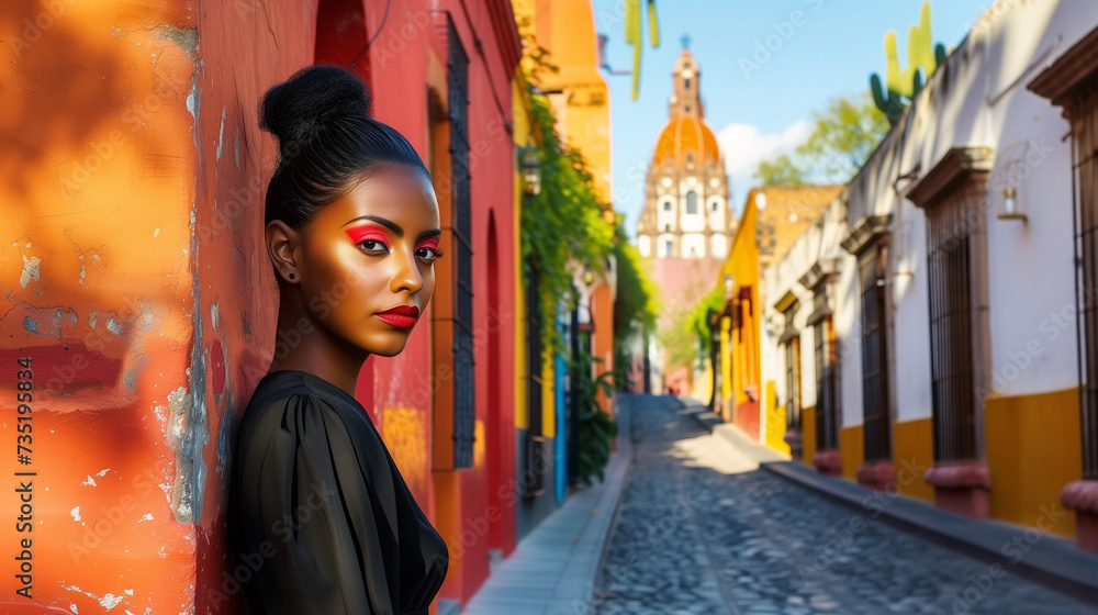 Fototapeta premium A confident black woman against a colorful street backdrop in San Miguel De Allende, Mexico