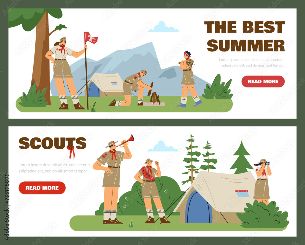 Set of banners with scout characters in summer camp. Flat illustration poster.