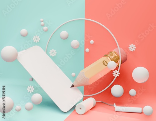 3D Render Pencil illustration with white mobile screan pink and light blue background photo