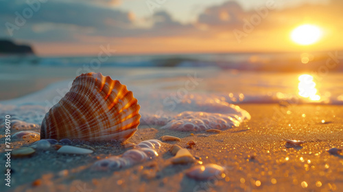 A beautiful, large seashell lies on the sandy beach