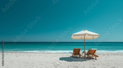 Parasols and loungers on the beach in front of the sea during the day with a bright blue sky