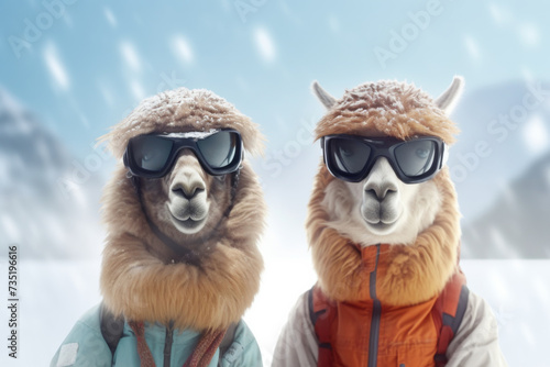 alpaca couple posing with ski equipment