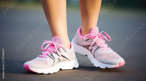 young sport wearing shoes outdoors. Sneakers on woman's feet close up, training in stadium at sunrise