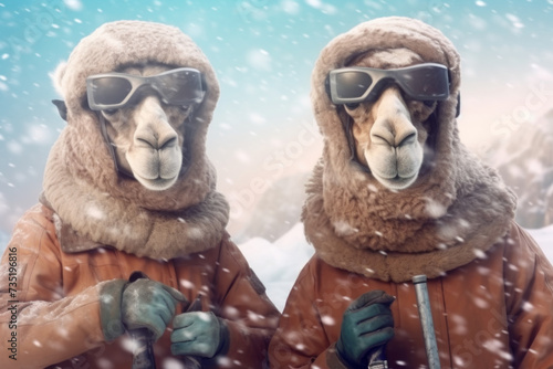 alpaca couple posing with ski equipment