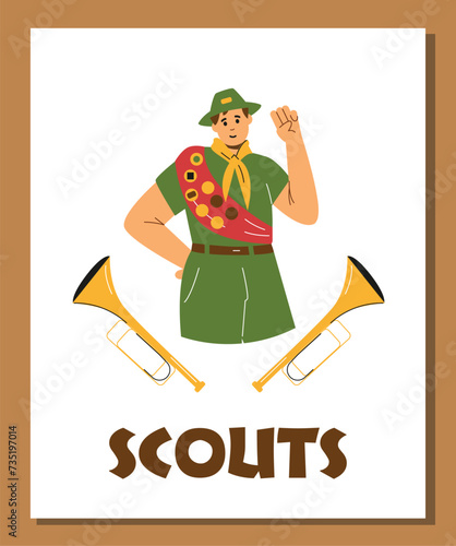 Boy in scout uniform, red ribbon with badges and trumpet fifes, Scouts camp vector poster cartoon scouts fifer character