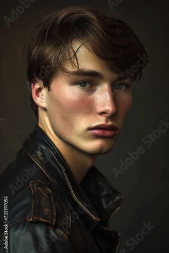 Hyper realistic photography, european model with straight brown hair on a dark background - Generative AI photo