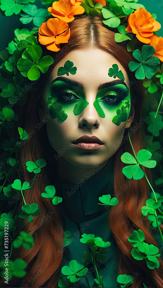 Makeup and hairstyle of a young woman in green with clover leaves for St. Patrick's Day. Close-up beauty portrait Makeup and hairstyle of a young woman in green with clover leaves for St. Patrick's Day. Close-up beauty portrait