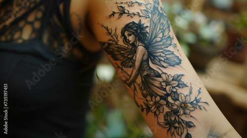 A fairy with wings tattooed on a woman's arm
