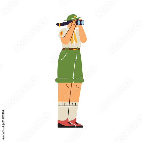 Girl in scout uniform looks through binoculars, vector cartoon summer camp scout character, explorer activities survival