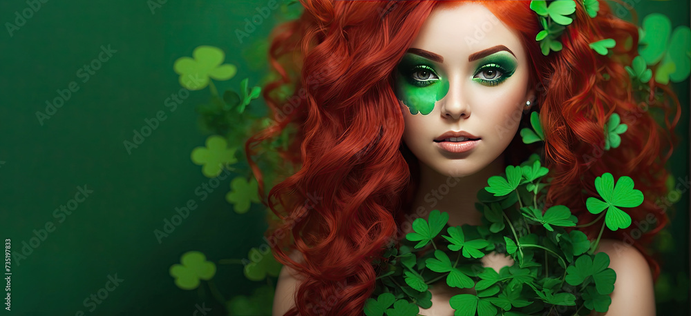 Makeup and hairstyle of a young woman in green with clover leaves for St. Patrick's Day. Close-up beauty portrait. Makeup and hairstyle of a young woman in green with clover leaves for St. Patrick's Day. Close-up beauty portrait.