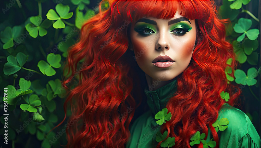 Obraz premium Makeup and hairstyle of a young woman in green with clover leaves for St. Patrick's Day. Close-up beauty portrait. 