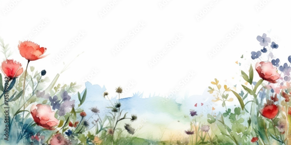 Floral watercolor image. Card with cororful wild meadow flowers and copy space on white.
