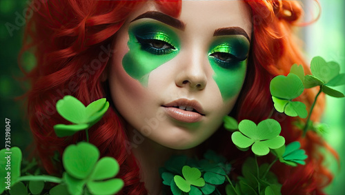 Makeup and hairstyle of a young woman in green with clover leaves for St. Patrick's Day. Close-up beauty portrait. 