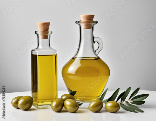 Delicious olive oil in a glass bottle and green olives with leaves, isolated on white background