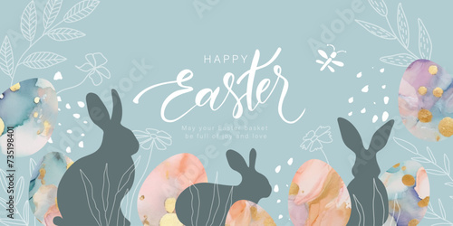 Happy Easter banner. Design with beautiful painted eggs, rabbits, various spring plants, golden splashes and handwritten inscription. Vector illustration.