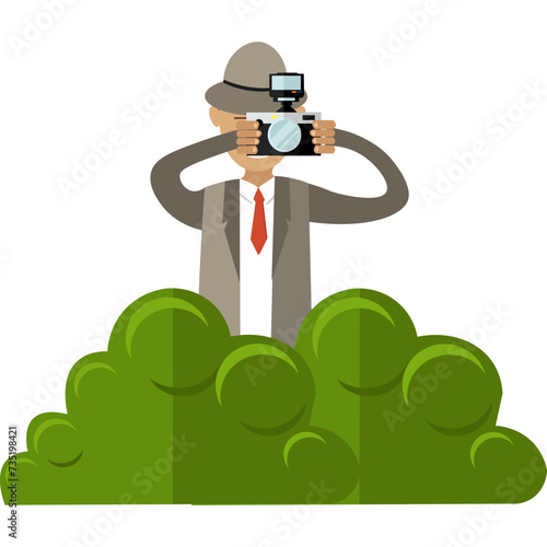 Detective with photo camera peeking from bushes vector icon isolated on white